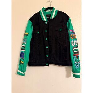 Makobi Mens 2X Trust Issues Varsity Denim Jacket Black Green Distressed Graphic